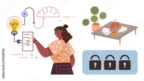 Woman activates digital tools, gears, bulb symbolizing ideas, locks for security, cloud storage. Ideal for innovation, cybersecurity, remote work, creative process teamwork design thinking