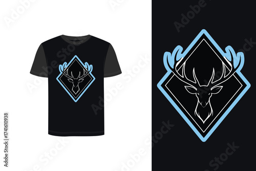 Minimalist deer head with antlers inside a diamond frame graphic Tshirt mockup stag
