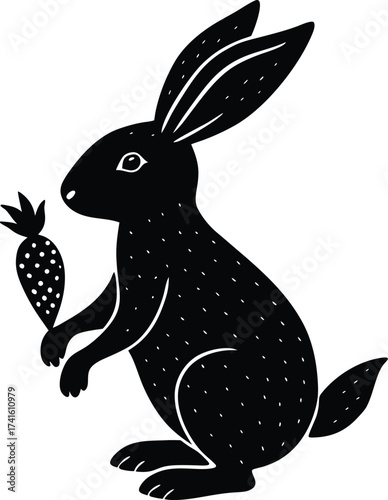 A Whimsical Silhouette: An endearing black bunny holds a delightful carrot in a charming, artistic illustration. This piece captures the essence of simplicity and nature's grace.