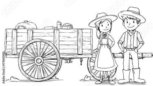 Cheerful Cartoon Farmers with Wagon Smiling Happily in the Farm Field