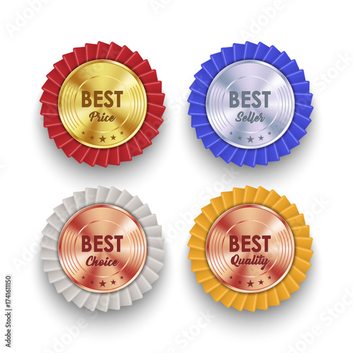 Round best quality premium badges collection from gold silver bronze and copper realistic isolated vector illustration