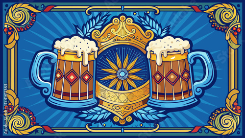 Oktoberfest holiday vector card, ornate border with decorative beer mug ornaments, vintage frame, festive blue background, luxury poster design, center blank for greeting, seasonal celebration cover.