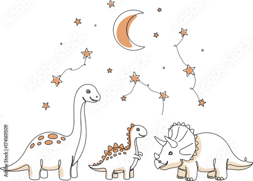 Dinosaur illustration set single continuous line art. Tyrannosaurus Rex, Triceratops, Brontosaurus, Stegosaurus, Pterodactyl Minimalist animal outline drawing for coloring books, logos, kids designs