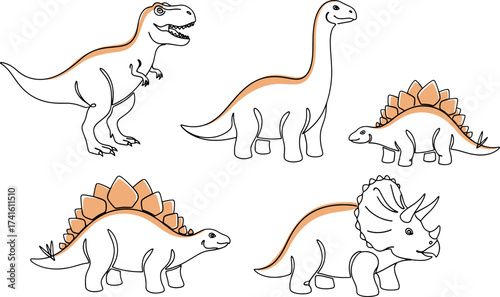 Dinosaur illustration set single continuous line art. Tyrannosaurus Rex, Triceratops, Brontosaurus, Stegosaurus, Pterodactyl Minimalist animal outline drawing for coloring books, logos, kids designs