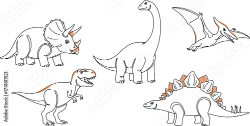 cartoon cute dinosaur outlines: T-Rex, Brachiosaurus, Pterodactyl, Stegosaurus. vector line art illustration for kids' coloring, educational fun, playful designs, tshirt design. Clipart baby dino set