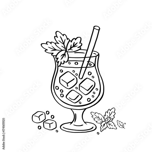 Vector sketch of cocktail in decorative glass with mint, ice cubes, and straw. Perfect for menus, posters, party invitations, summer events, and bar promotions.