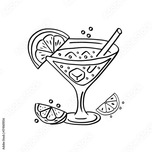Vector cocktail glass with lemon and lime slices in black and white sketch style. Perfect for bar menus, summer party invitations, cafe branding, or beverage illustrations.