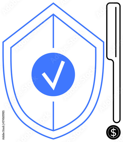 Shield with blue checkmark symbolizes financial security and trust. Vertical line beside small currency icon enhances focus on protection. Ideal for finance, trust, security, business, insurance