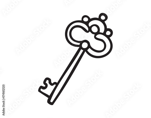 Ornate key vintage style line art monochrome hand drawn
