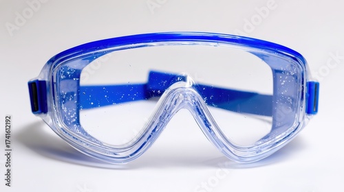 Transparent protective goggles with blue strap for water activities and safety