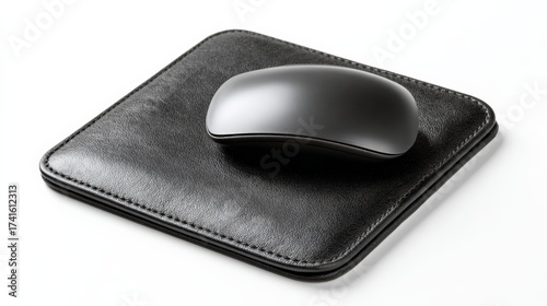 Modern black mouse on elegant leather mouse pad for office use