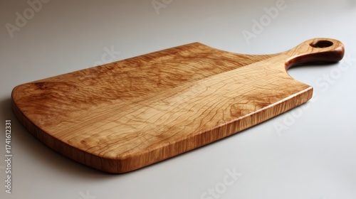 Natural wood cutting board on elegant surface with light reflection