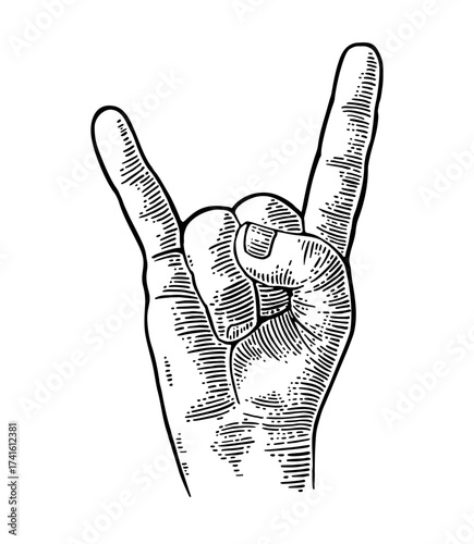 Rock and Roll sign. Vector black vintage engraving illustration. Hand giving the devil horns gesture.