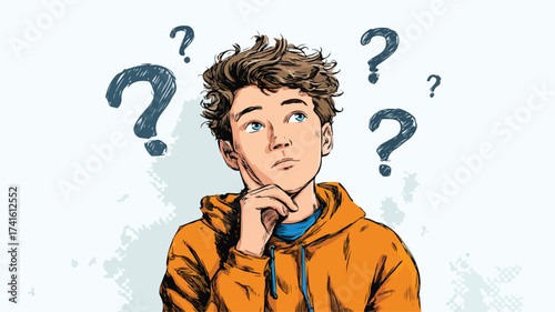 Playful Boy Thinking with Comic Style Question Mark