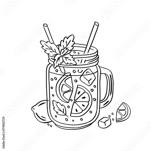 Hand drawn mason jar drink with citrus slices, ice cubes, straw, and mint garnish. Ideal for summer celebrations, restaurant menus, posters, and beverage packaging.