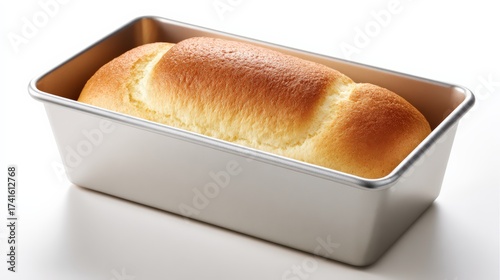 Freshly baked loaf of bread in metal baking pan