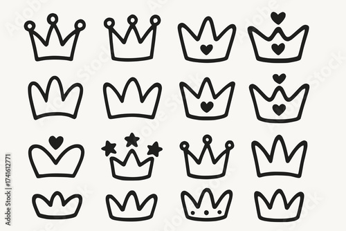 Playful hand-drawn black brush crown doodles with rounded shapes hearts and stars