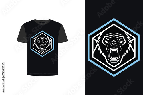 Stylized Gorilla Head Graphic Inside Hexagon Frame Tshirt mockup T Shirt animal primate