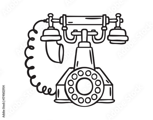 Retro rotary telephone classic device line art monochrome hand drawn