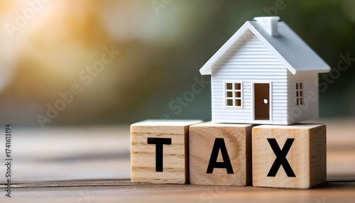 A miniature white house sits atop wooden blocks spelling out the word TAX, symbolizing property taxes.