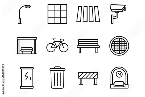 Urban Infrastructure Icons. Outline vector icons of urban infrastructure: streetlight, sidewalk tile,