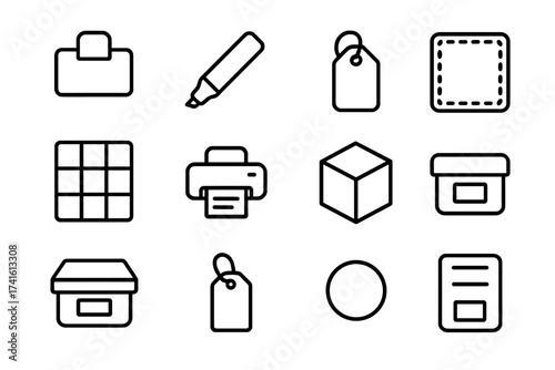 Fabric Bin Label Icons. Outline vector icons of fabric bin labeling systems: label clip, marker icon, tag