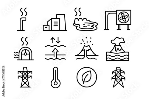 Geothermal Energy Icons. Outline vector icons of geothermal energy from volcanoes: steam pipe, geothermal