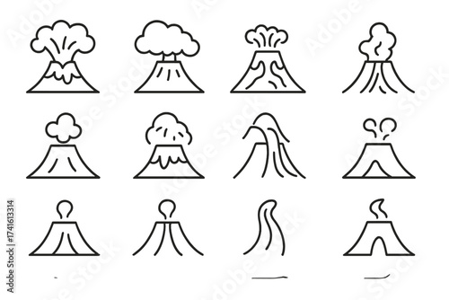Volcanic Eruption Icons. Outline vector icons of explosive vs. effusive eruptions: explosive burst, ash cloud,