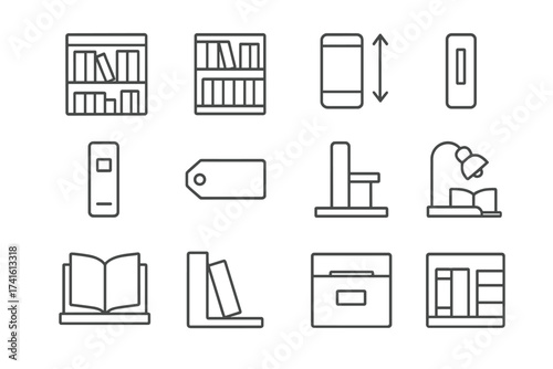 Bookshelf Vector Icons. Outline vector icons of bookshelf organization: fiction zone, nonfiction row, height