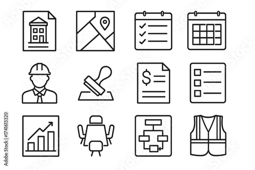 Construction Planning Icons. Outline vector icons of construction project planning: building permit, zoning