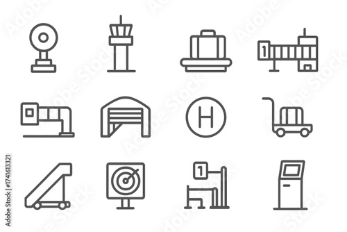 Airport Infrastructure Icons. Outline vector icons of airport infrastructure: runway light, air control tower,