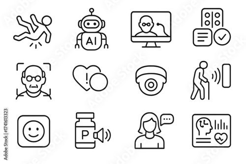 Elderly Care Icons. Outline vector icons of AI and elderly care: fall detector, companion robot, remote