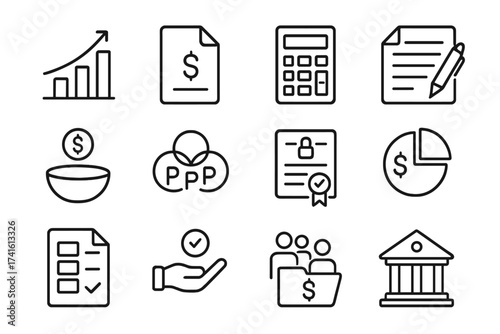Infrastructure Funding Icons. Outline vector icons of infrastructure funding and finance: investment graph,