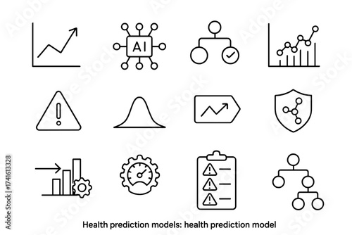 Health Prediction Icons. Outline vector icons of health prediction models: forecast graph, AI engine, outcome