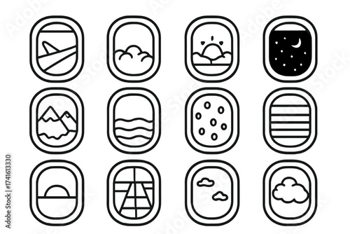 Window Seat Vistas Icons. Outline vector icons of window seat views: airplane wing, cloud layer, sunrise view,