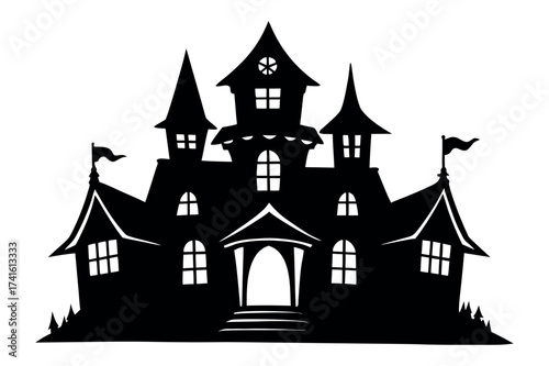 Clean Silhouette of Haunted House on White Background