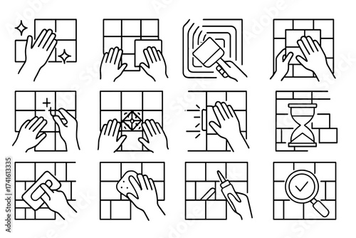 DIY Backsplash Installation Icons. Outline vector icons of DIY backsplash installation steps: surface clean,