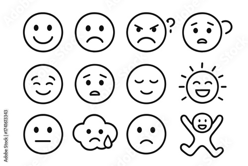 Emotional Avatar Icons. Outline vector icons of emotional avatars: happy face, sad face, angry icon, confused