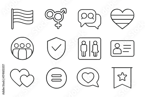 LGBTQ+ Inclusion Icons. Outline vector icons of LGBTQ+ inclusion: rainbow flag, gender spectrum, pronouns icon
