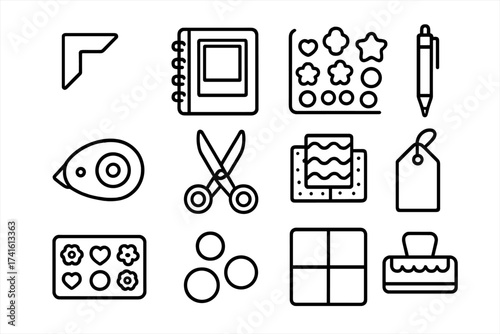 Scrapbooking Icons Grid. Outline vector icons of scrapbooking with friends: photo corner, scrapbook album,