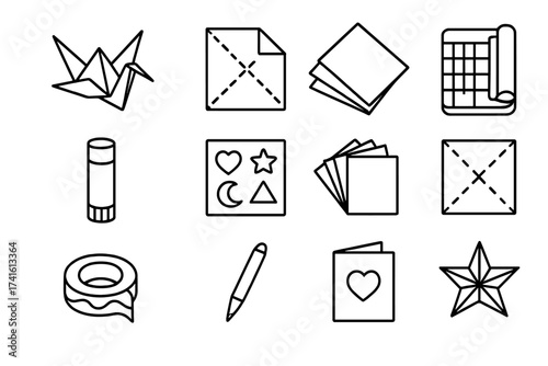 DIY Craft Icons Grid. Outline vector icons of DIY paper crafts: origami crane, folding instructions, cardstock