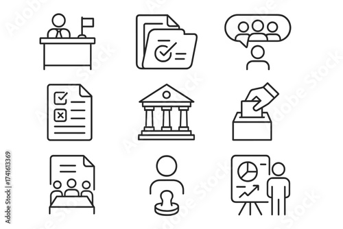 Inclusive Policy Icons. Outline vector icons of inclusive policy making: government desk, policy folder,