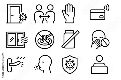 Germ Prevention Icon Set. Outline icon set of reducing germ transmission: quarantine door, limited contact,