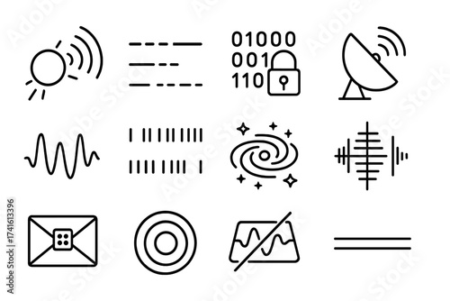 Cosmic Signal Icons Set. Outline icon set of mysterious cosmic signals: fast radio burst, Morse code,