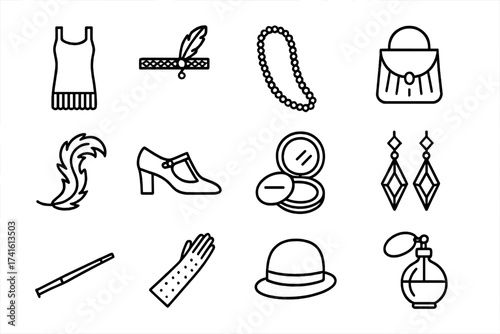 Flapper Era Icons. Outline icon set of 1920s flapper style: flapper dress, beaded headband, long pearl strand,