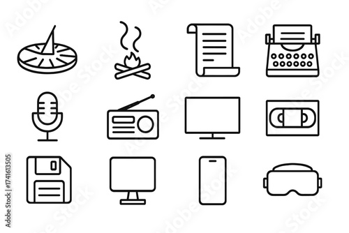 Media Tech Evolution Icons. Outline icon set of media technology timeline: sundial message, smoke icon, scroll