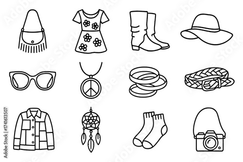 Boho Vintage Icons. Outline icon set of boho vintage style: fringe bag, floral dress, suede boots, floppy hat,