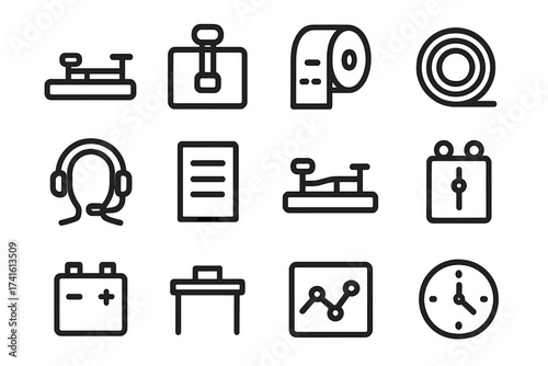 Telegraph Communication Icons. Outline icon set of telegraph communication: Morse tapper, sounder box, paper