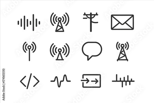 Communication Tools Icons. Outline icon set of message transmission tools: sound wave icon, signal tower,