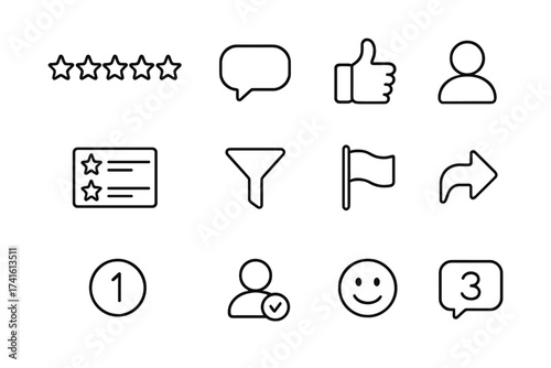 Review Icons Grid. Outline icon set of app reviews and feedback: star rating, comment bubble, thumbs up, user